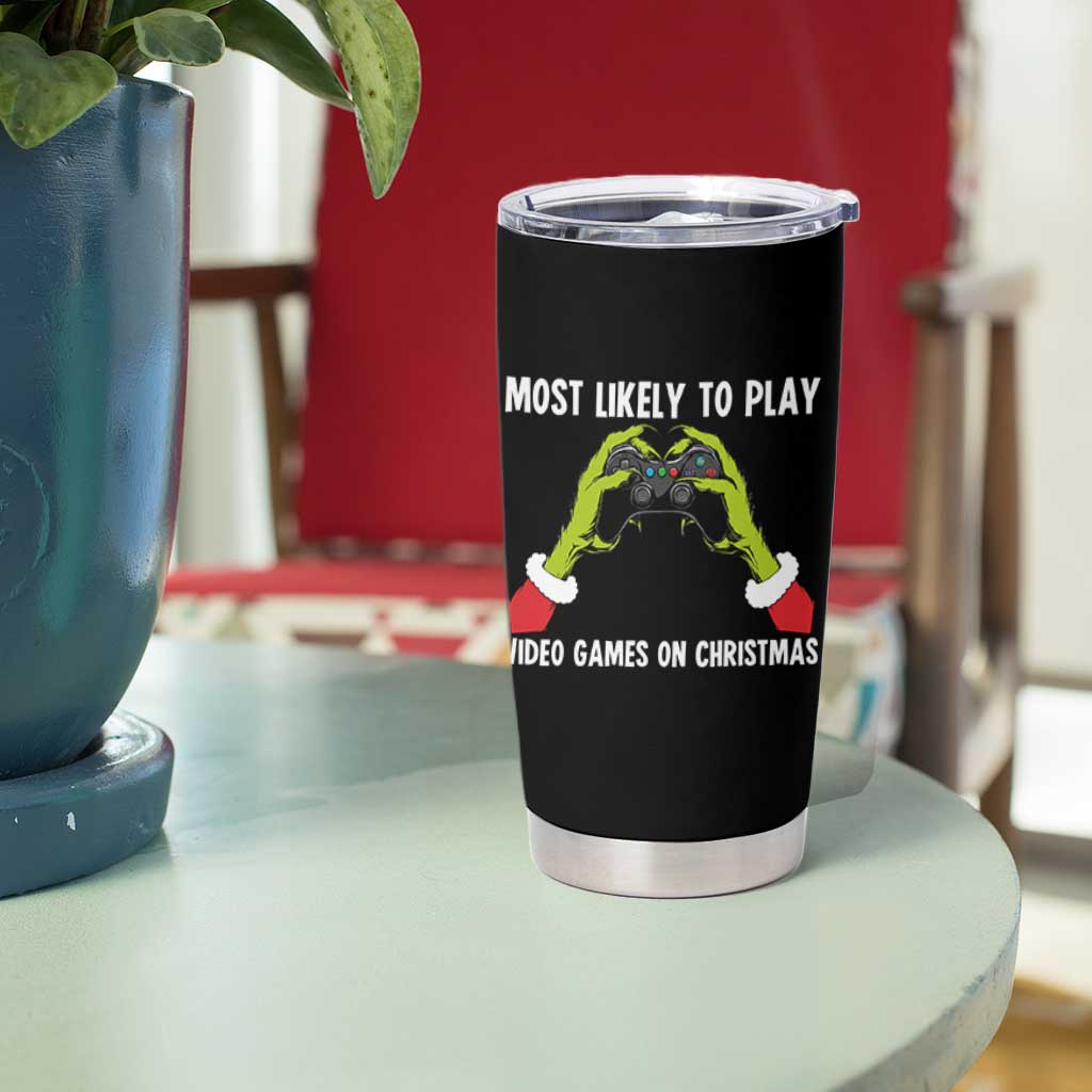 Funny Elf Hand Christmas Tumbler Cup Most Likely To Play Video Games On Christmas - Wonder Print Shop