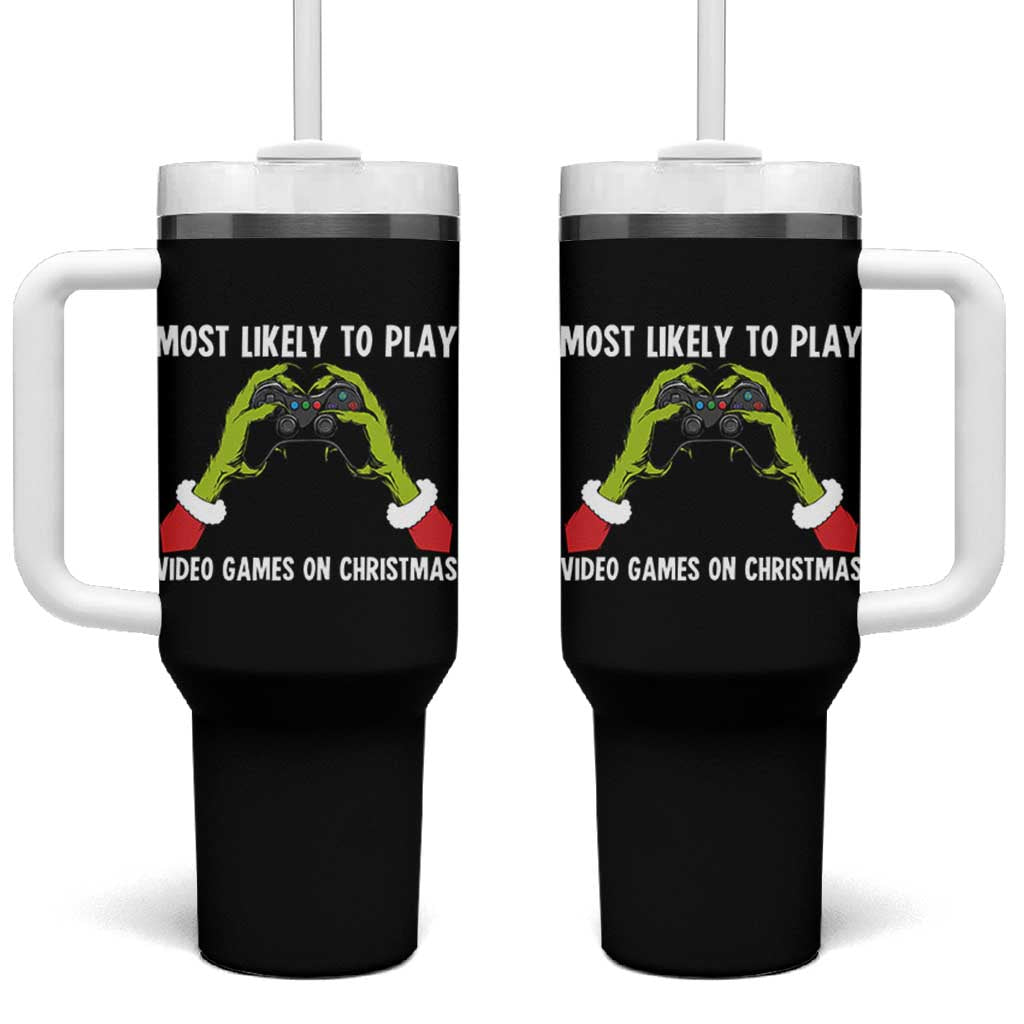 Funny Elf Hand Christmas Tumbler With Handle Most Likely To Play Video Games On Christmas - Wonder Print Shop