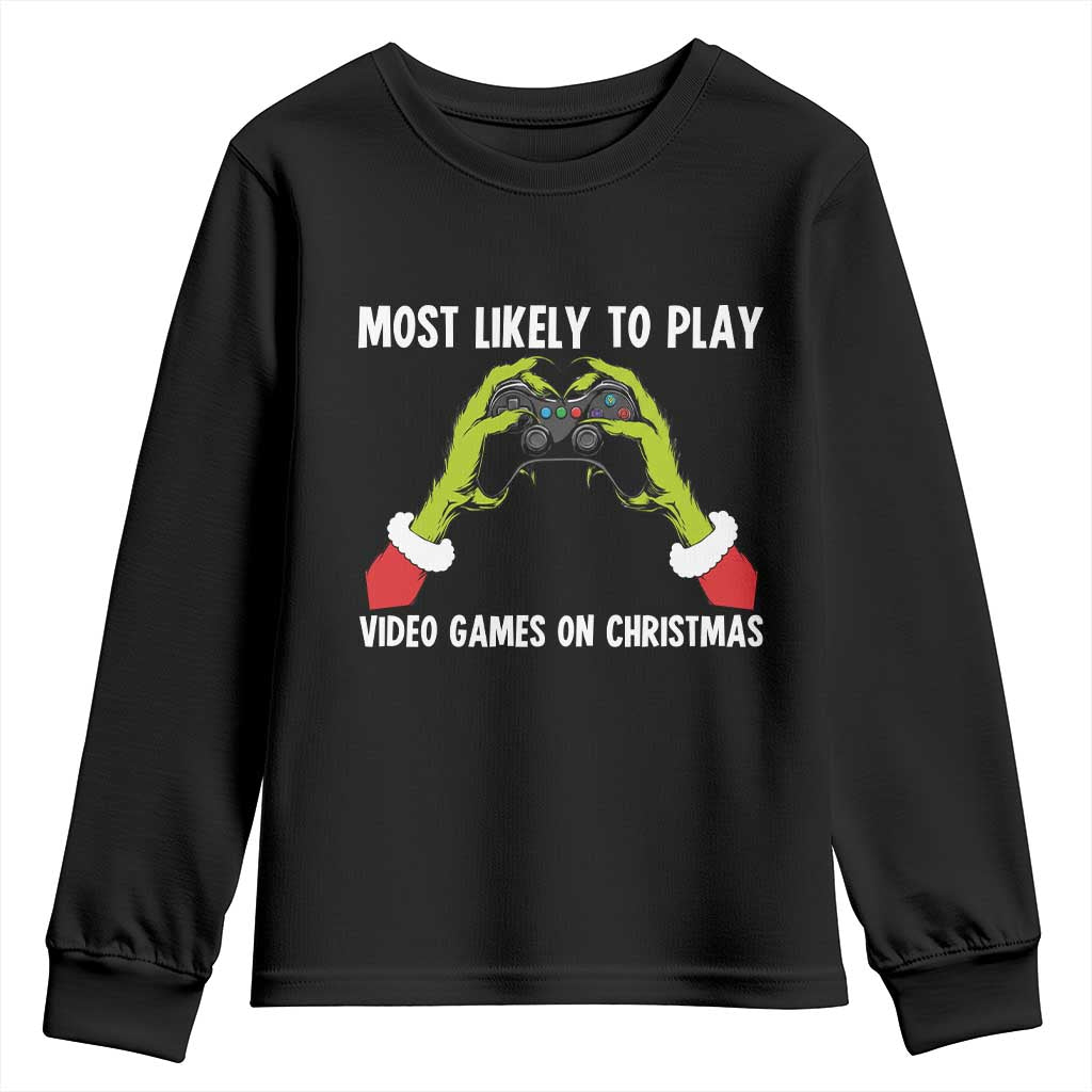 Funny Elf Hand Christmas Youth Sweatshirt Most Likely To Play Video Games On Christmas - Wonder Print Shop