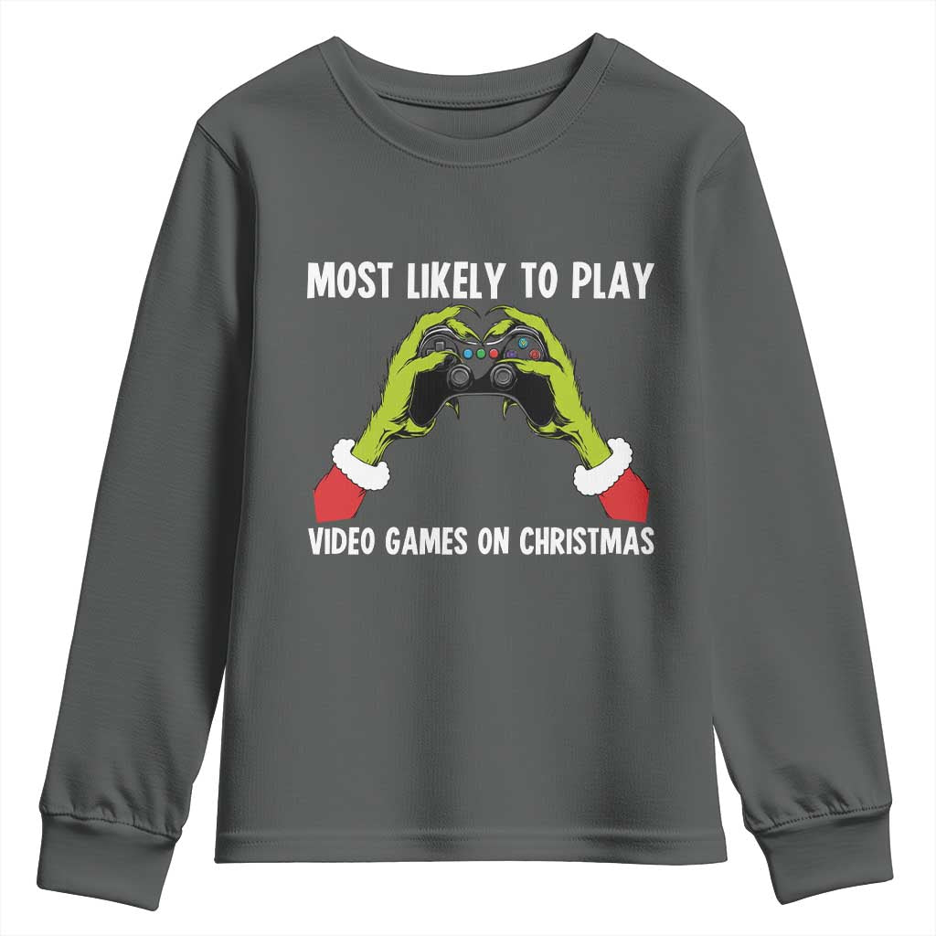 Funny Elf Hand Christmas Youth Sweatshirt Most Likely To Play Video Games On Christmas - Wonder Print Shop