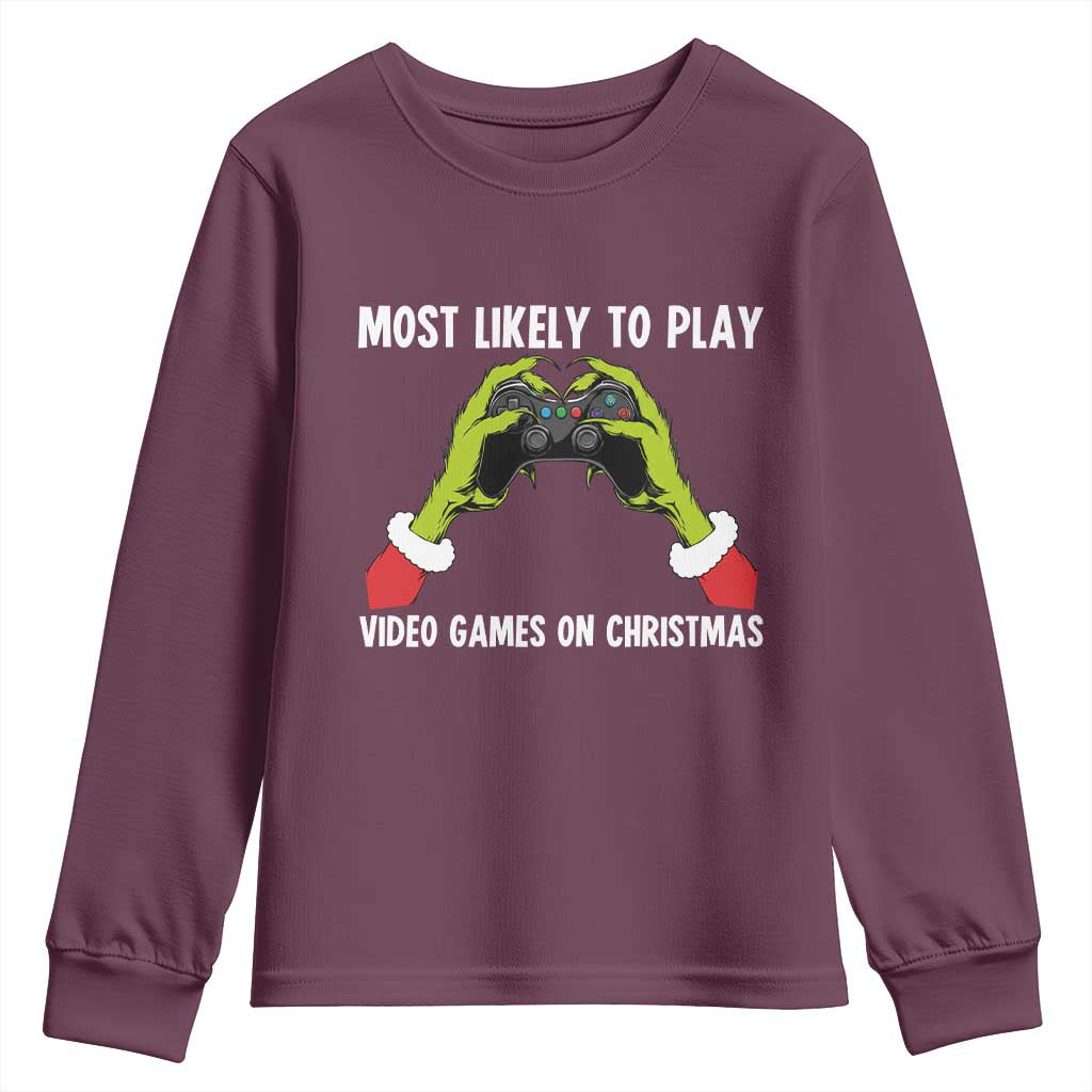 Funny Elf Hand Christmas Youth Sweatshirt Most Likely To Play Video Games On Christmas - Wonder Print Shop