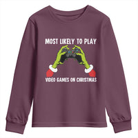 Funny Elf Hand Christmas Youth Sweatshirt Most Likely To Play Video Games On Christmas - Wonder Print Shop