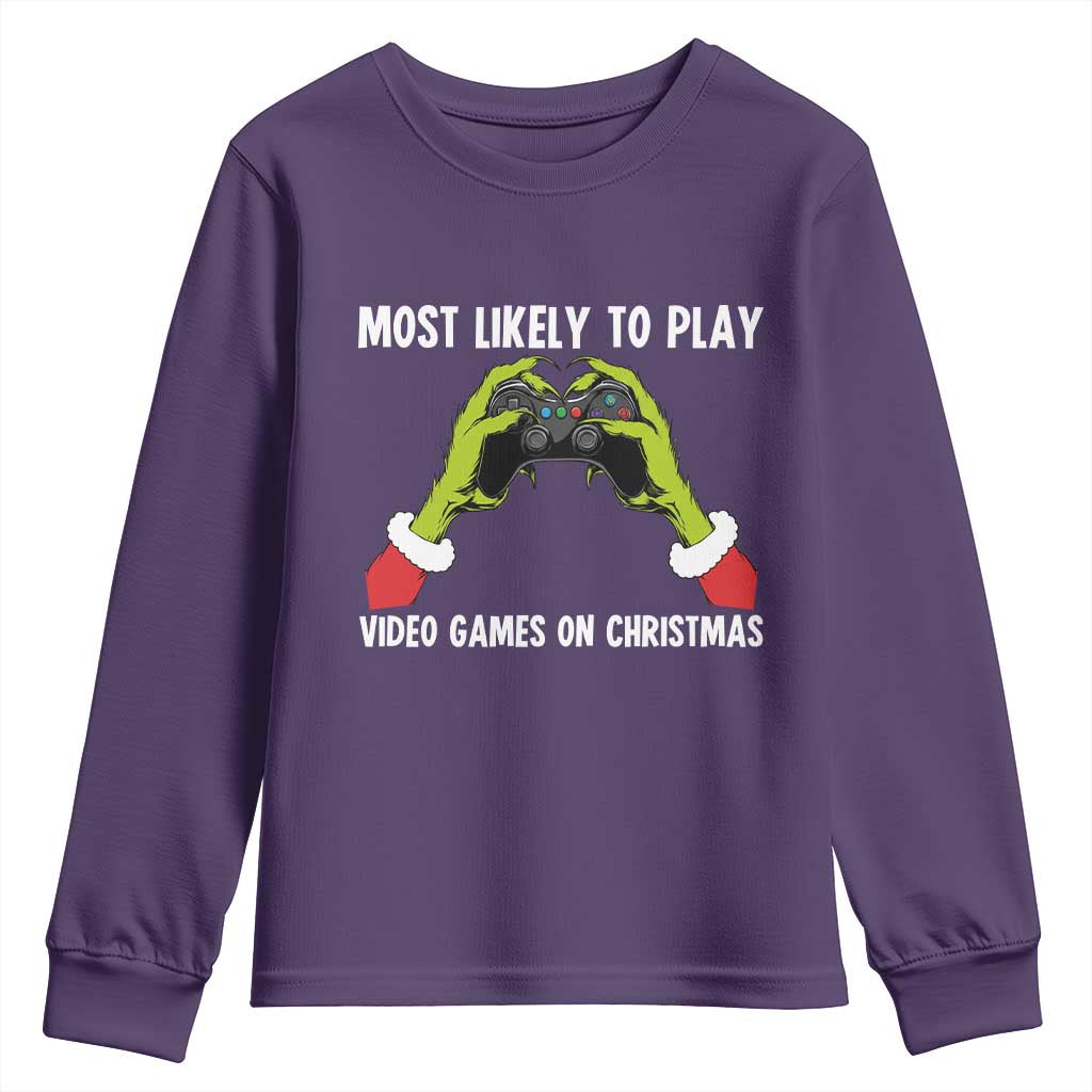 Funny Elf Hand Christmas Youth Sweatshirt Most Likely To Play Video Games On Christmas - Wonder Print Shop