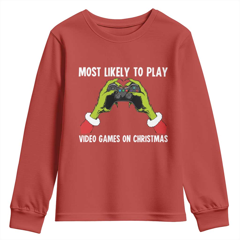 Funny Elf Hand Christmas Youth Sweatshirt Most Likely To Play Video Games On Christmas - Wonder Print Shop
