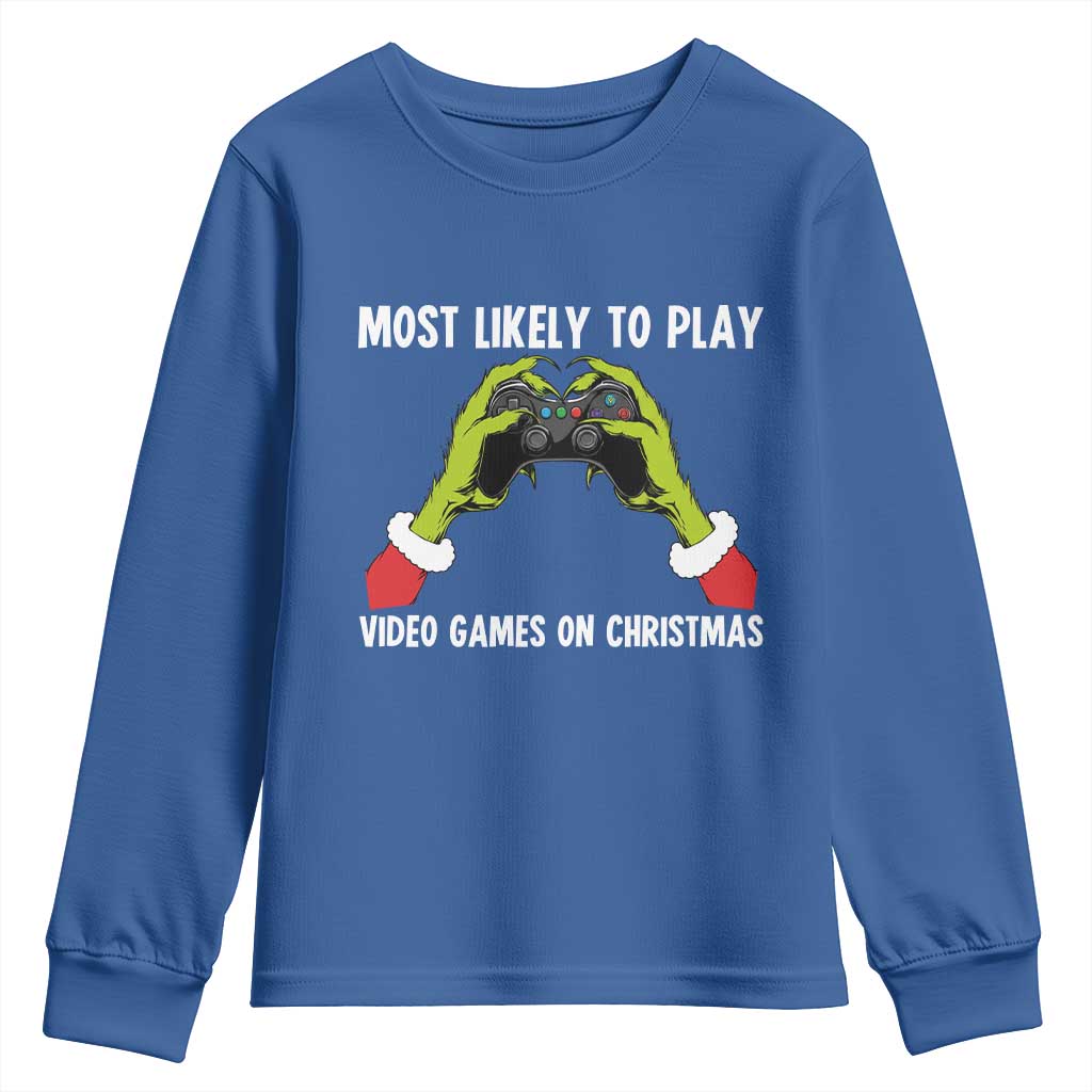 Funny Elf Hand Christmas Youth Sweatshirt Most Likely To Play Video Games On Christmas - Wonder Print Shop