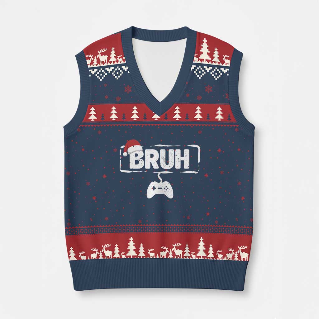 Funny Gaming Xmas V-Neck Knit Sweater Vest Gamer Bruh Video Game - Wonder Print Shop
