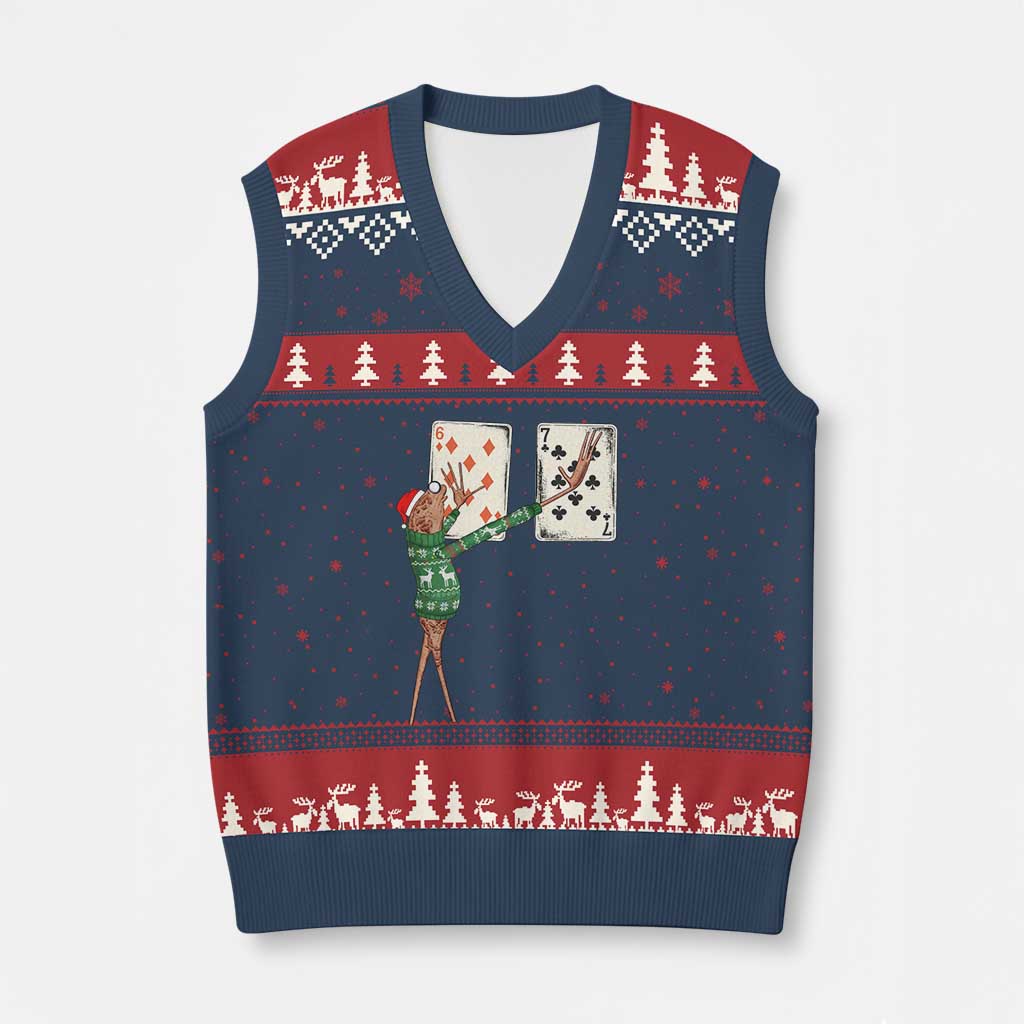 67 Marcus The Worm Poker Game Xmas V-Neck Knit Sweater Vest Funny Six Seven Meme Playing Cards Holiday Vibe - Wonder Print Shop