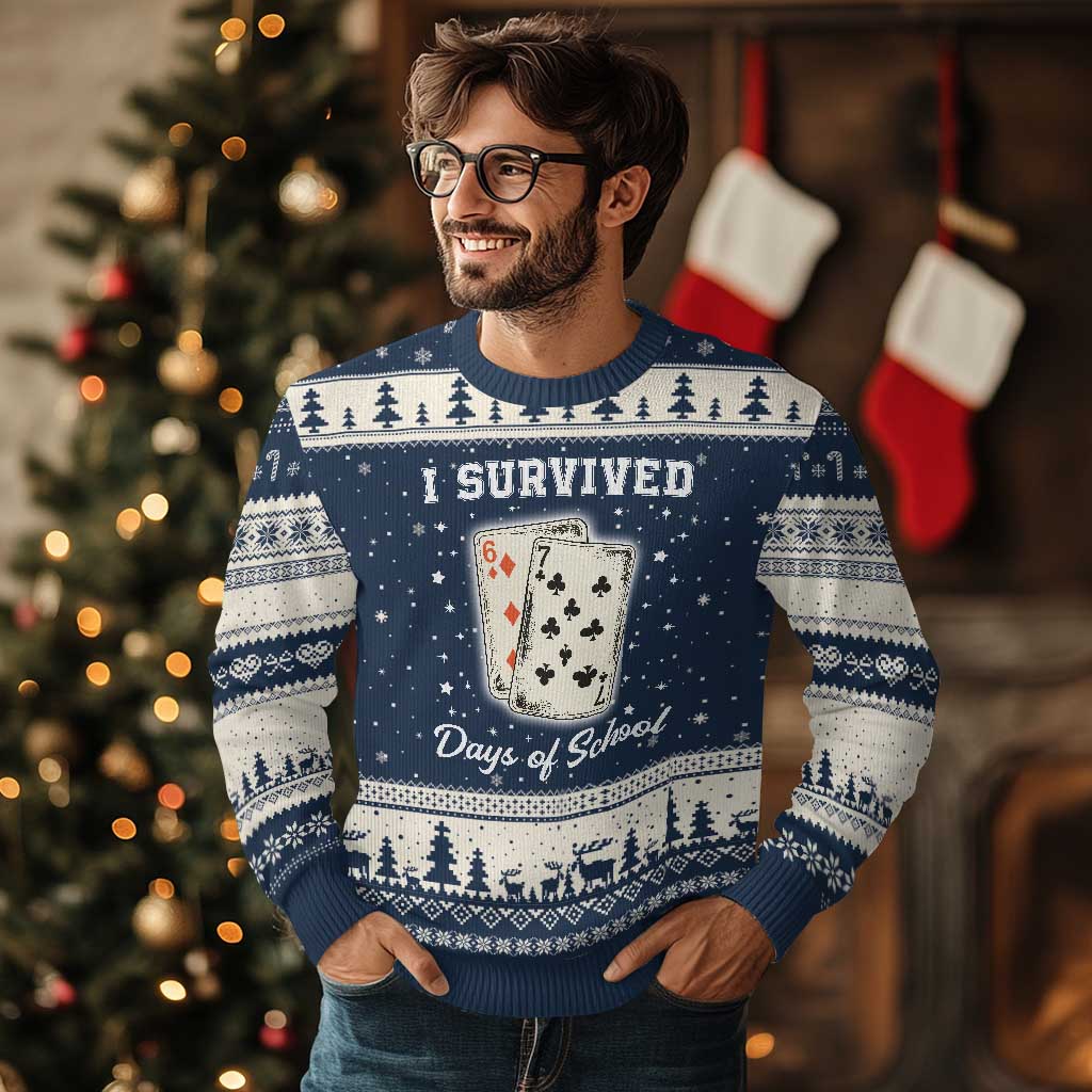 I Survived 67 Days Of School Ugly Christmas Sweater Playing Cards Meme - Wonder Print Shop