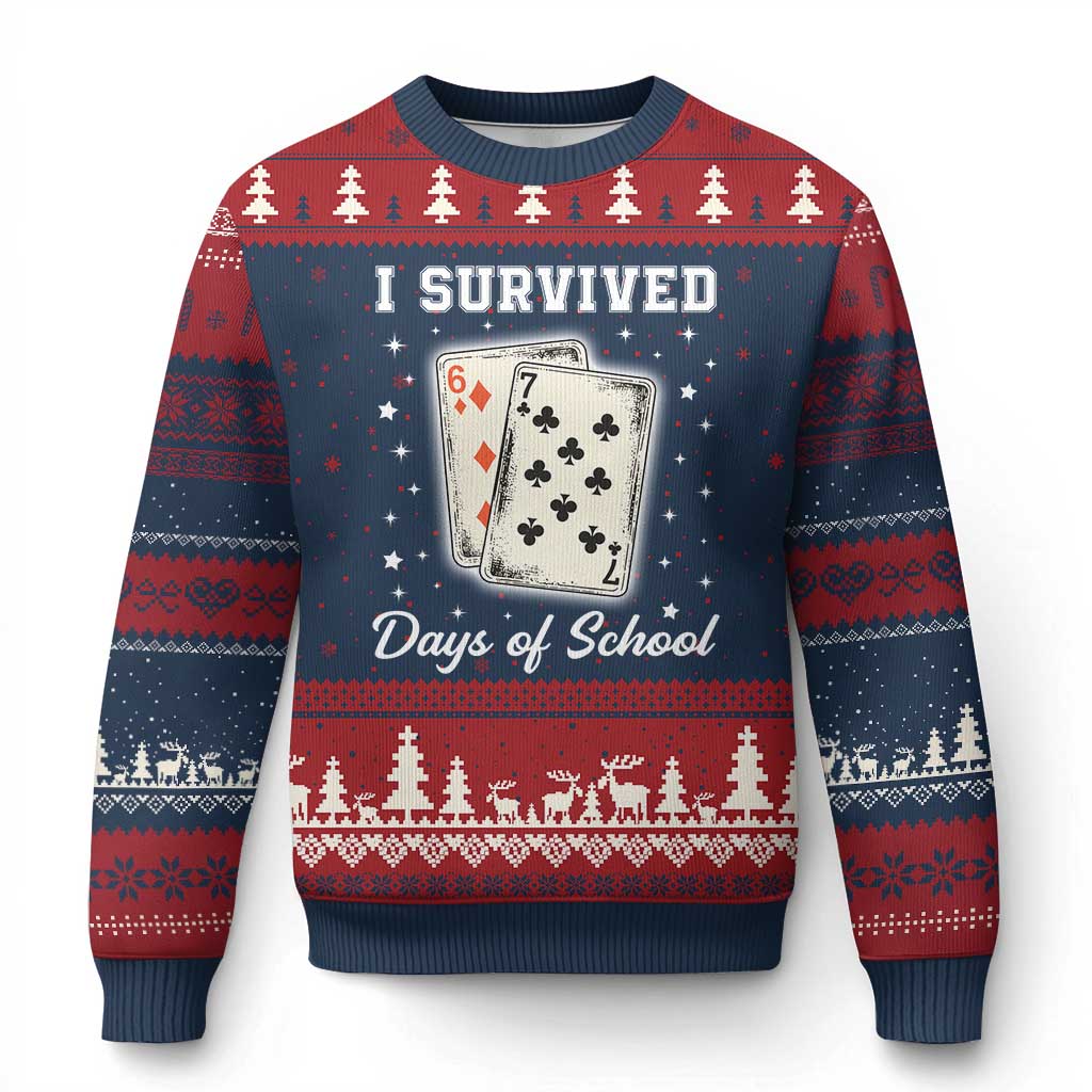 I Survived 67 Days Of School Ugly Christmas Sweater Playing Cards Meme - Wonder Print Shop