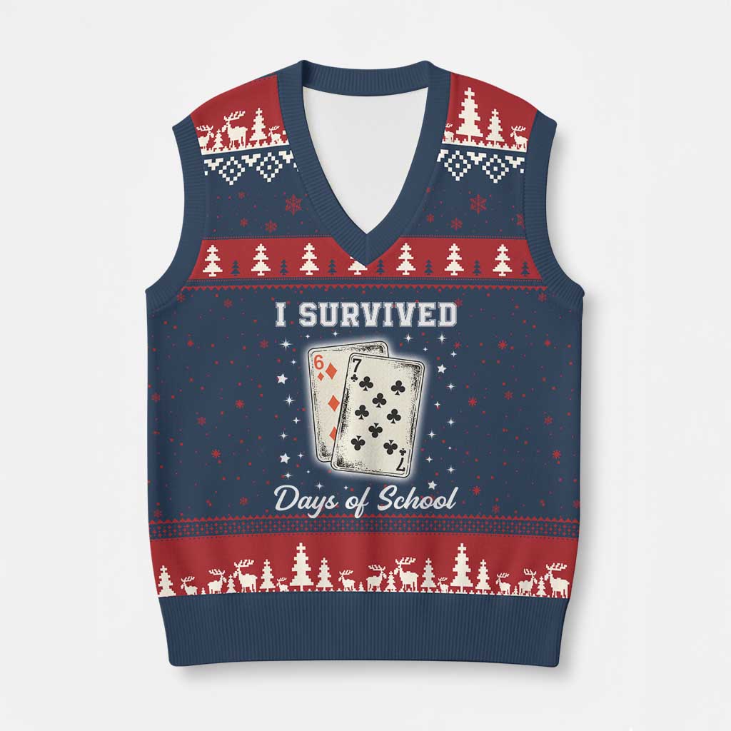 I Survived 67 Days Of School V-Neck Knit Sweater Vest Playing Cards Meme - Wonder Print Shop