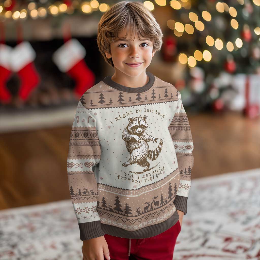 Funny Raccoon Sarcastic Ugly Christmas Sweater I Might Be Laid Back But I Can Lean Forward Real Quick