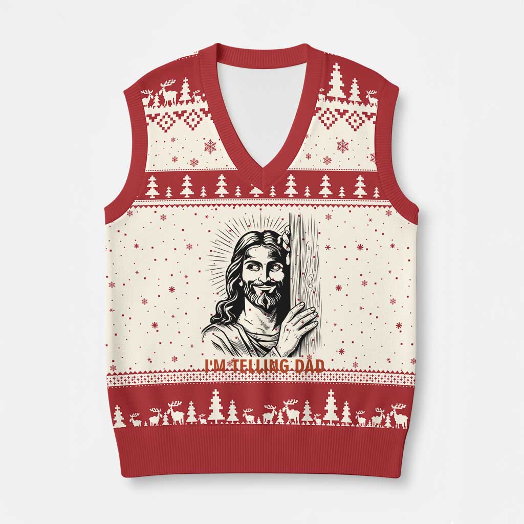 Funny Jesus Christian Meme V-Neck Knit Sweater Vest I Am Telling Dad