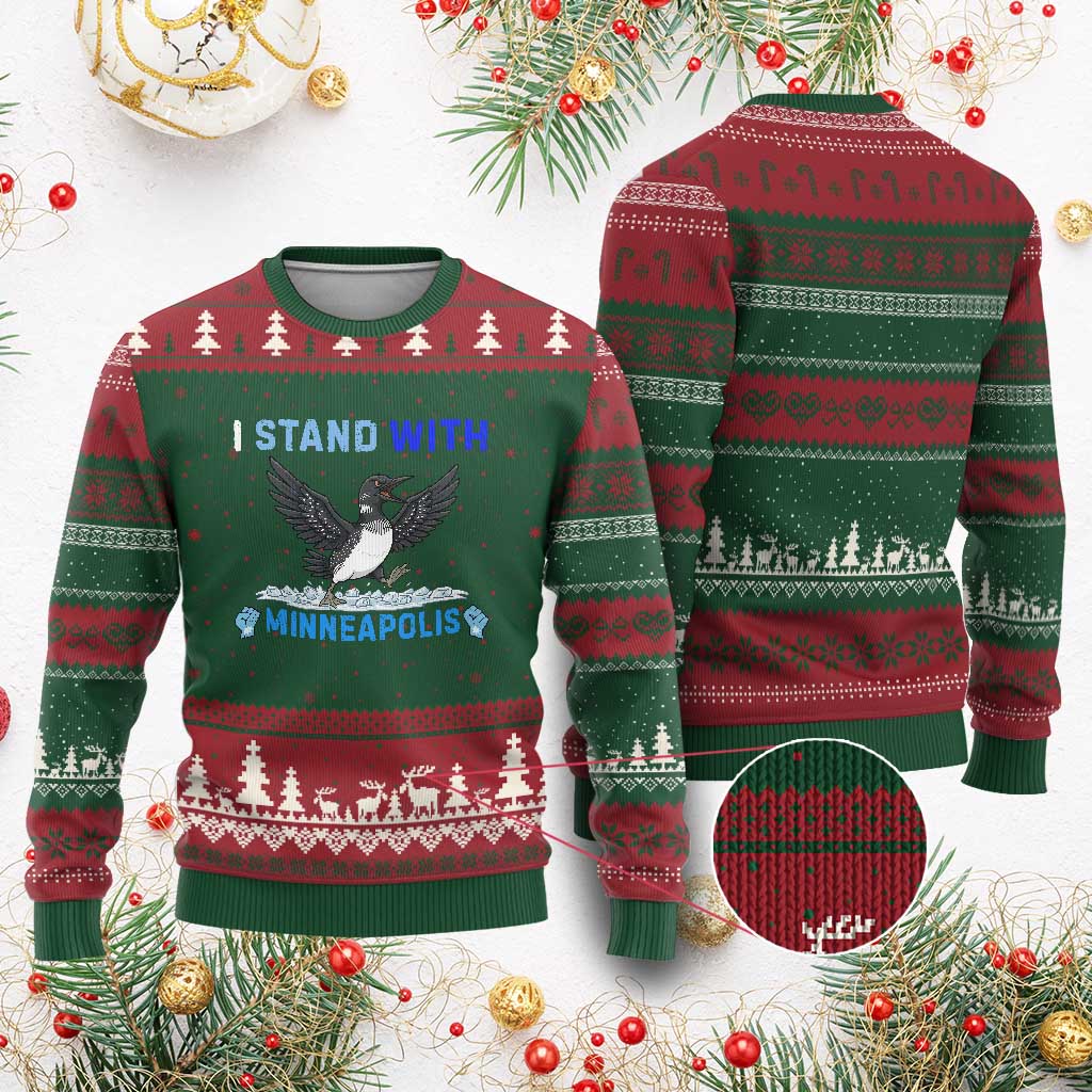 I Stand With Minneapolis Ugly Christmas Sweater Loon Minnesota Resist Anti ICE Immigration Protest