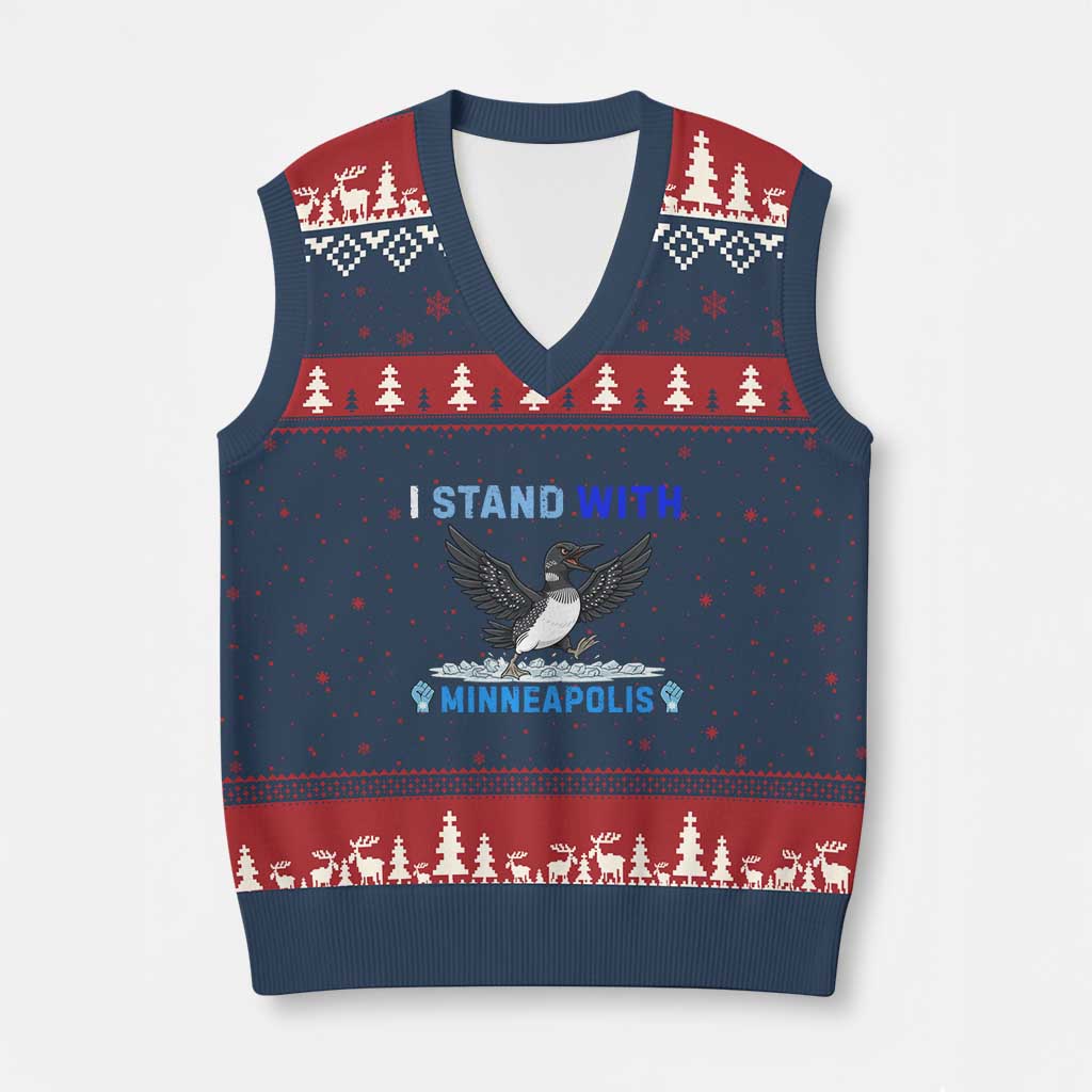 I Stand With Minneapolis V-Neck Knit Sweater Vest Loon Minnesota Resist Anti ICE Immigration Protest
