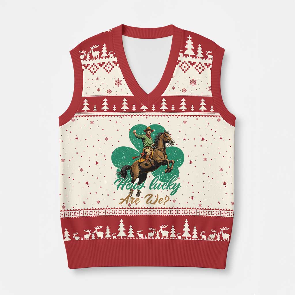 How Lucky Are We V-Neck Knit Sweater Vest Cowboy Western Irish St Patrick's Day