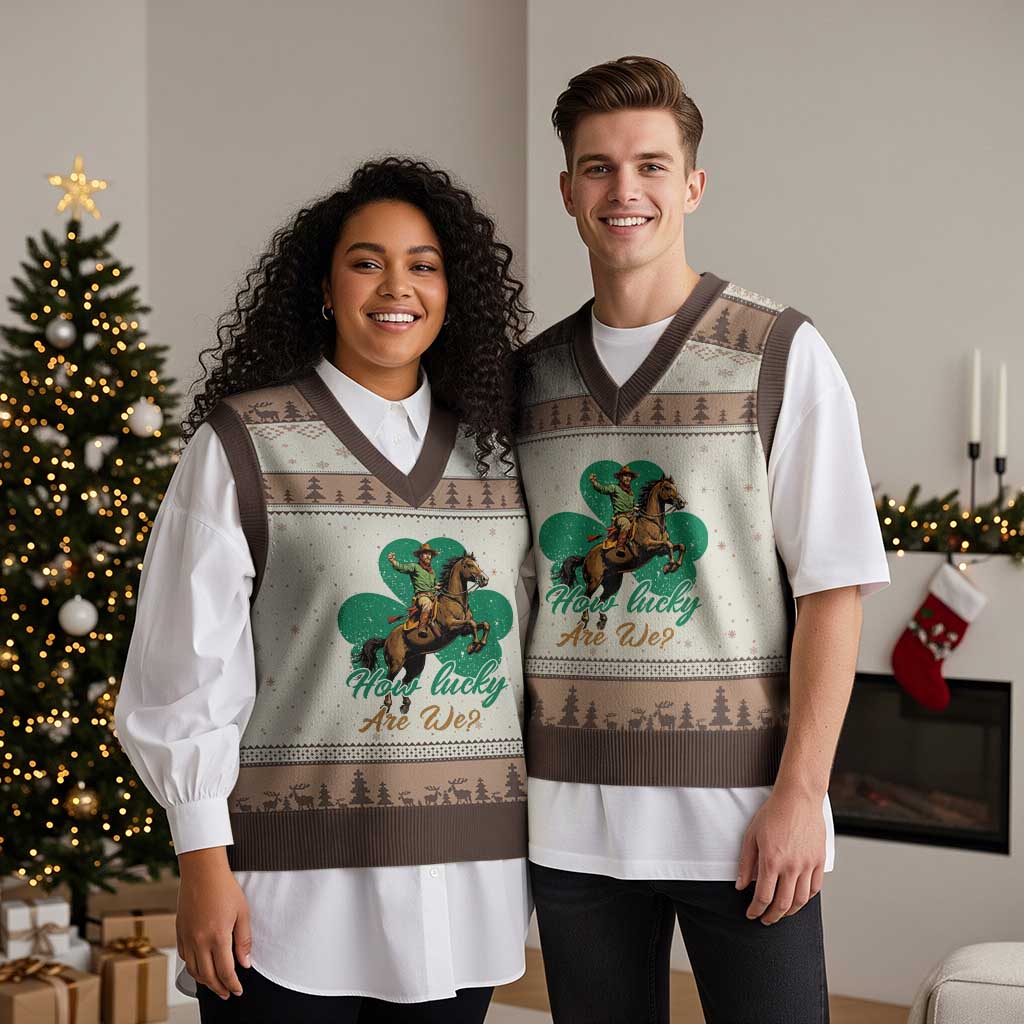 How Lucky Are We V-Neck Knit Sweater Vest Cowboy Western Irish St Patrick's Day