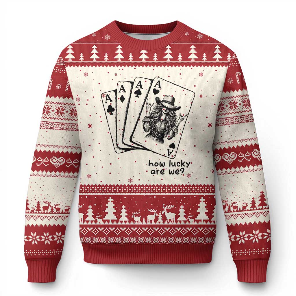 How Lucky Are We Ugly Christmas Sweater Funny Western Cowgirl Rodeo Playing Card