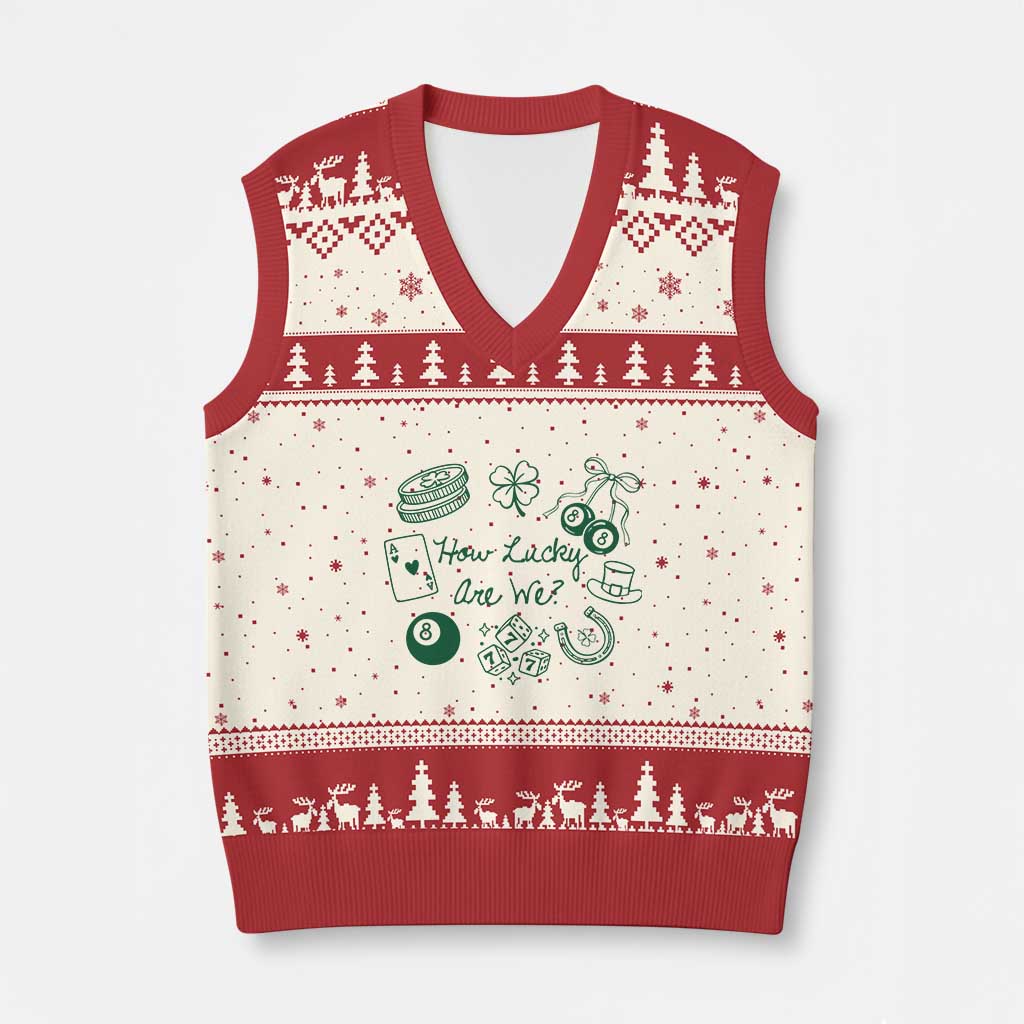 How Lucky Are We V-Neck Knit Sweater Vest Irish Shamrock Horseshoe St Patricks Day