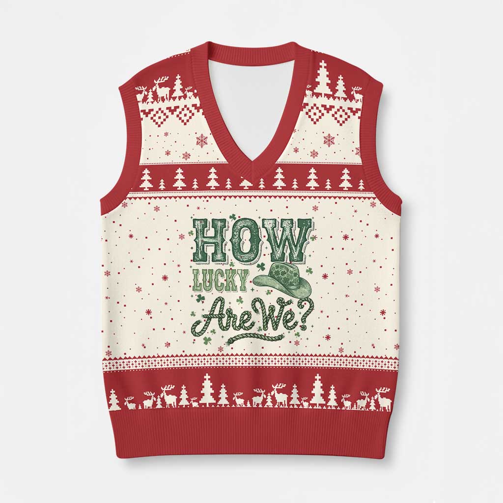 How Lucky Are We V-Neck Knit Sweater Vest Cowboy Western St Patrick's Day