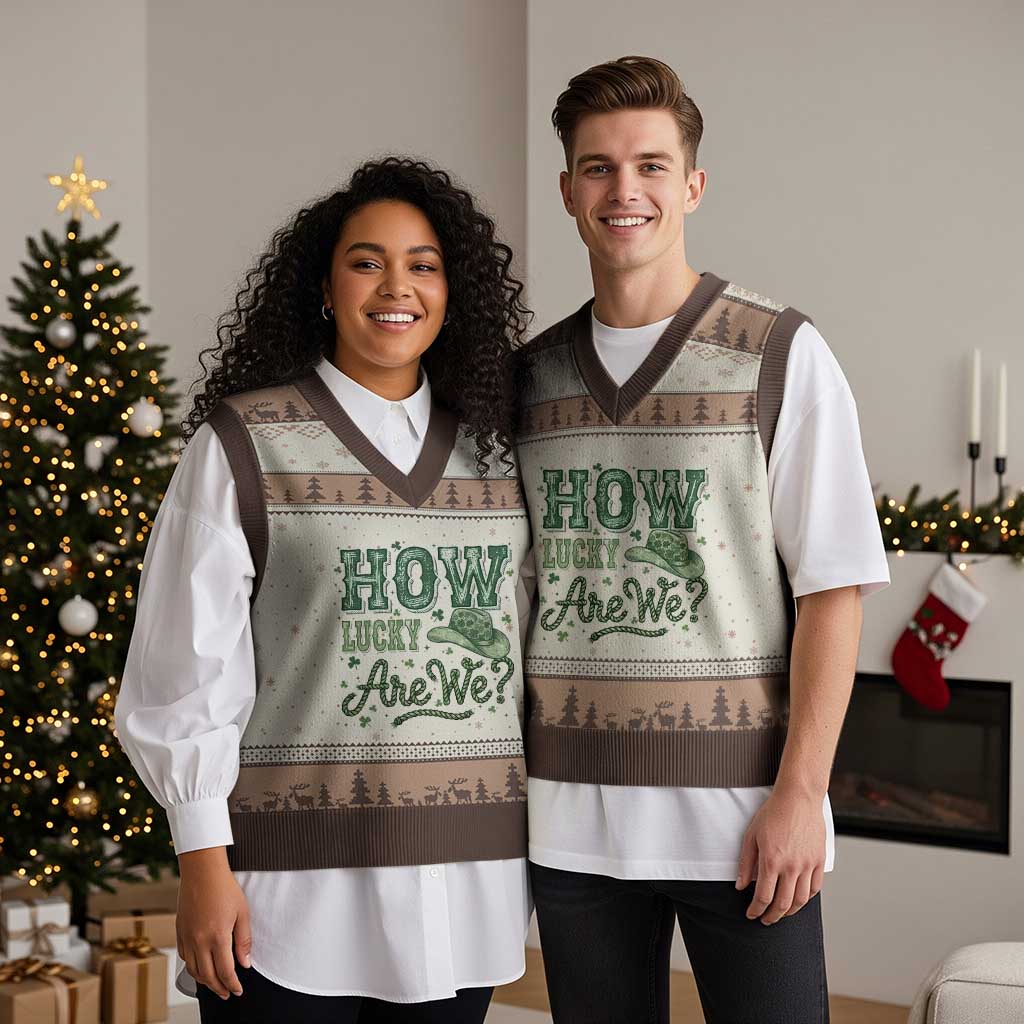 How Lucky Are We V-Neck Knit Sweater Vest Cowboy Western St Patrick's Day