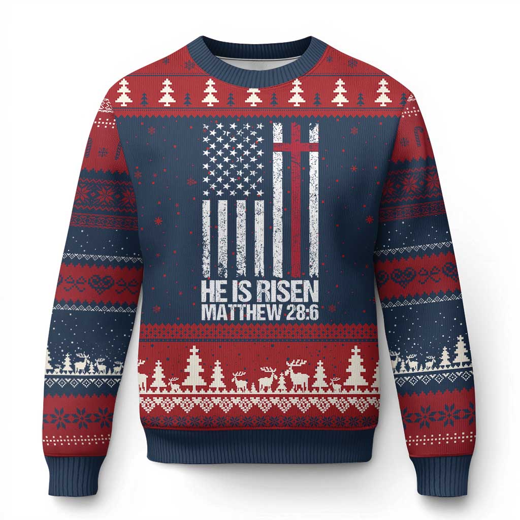 He Is Rise Ugly Christmas Sweater Christian American Flag Easter Bible Verse