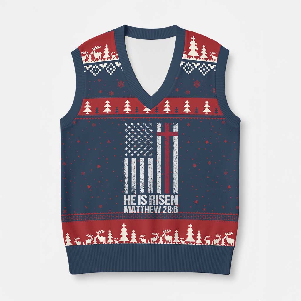 He Is Rise V-Neck Knit Sweater Vest Christian American Flag Easter Bible Verse