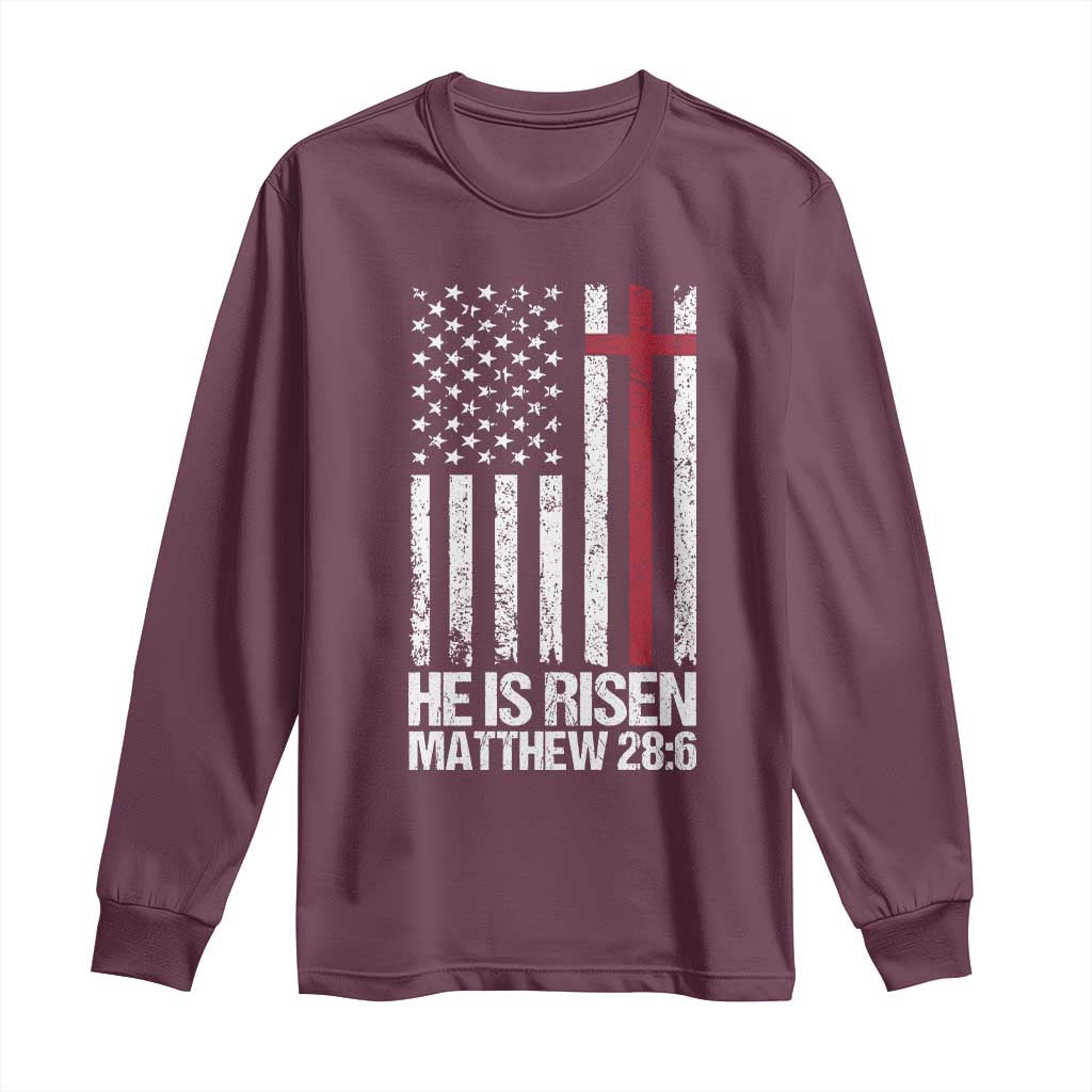 He Is Rise Long Sleeve Shirt Christian American Flag Easter Bible Verse