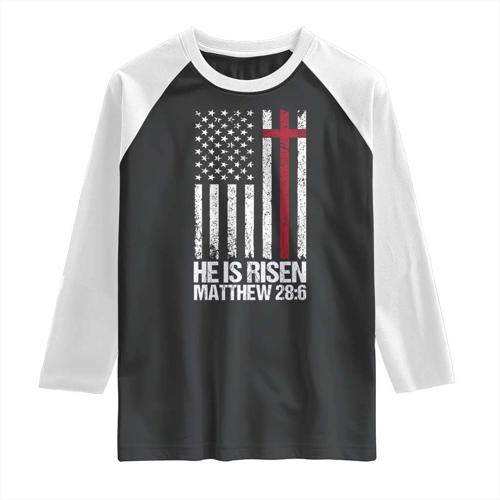 He Is Rise Raglan Shirt Christian American Flag Easter Bible Verse