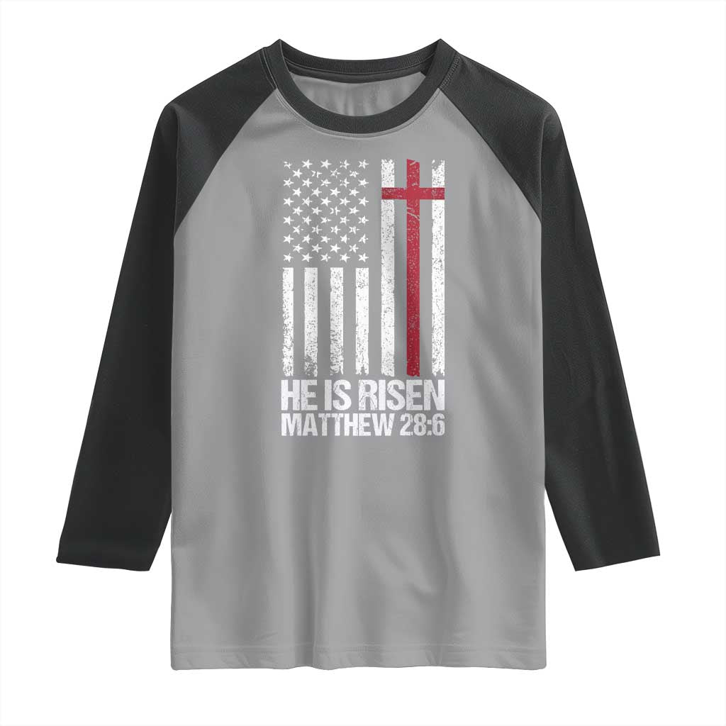 He Is Rise Raglan Shirt Christian American Flag Easter Bible Verse