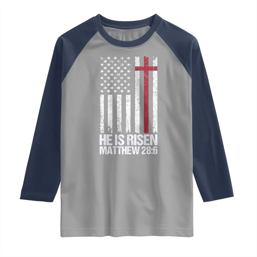 He Is Rise Raglan Shirt Christian American Flag Easter Bible Verse