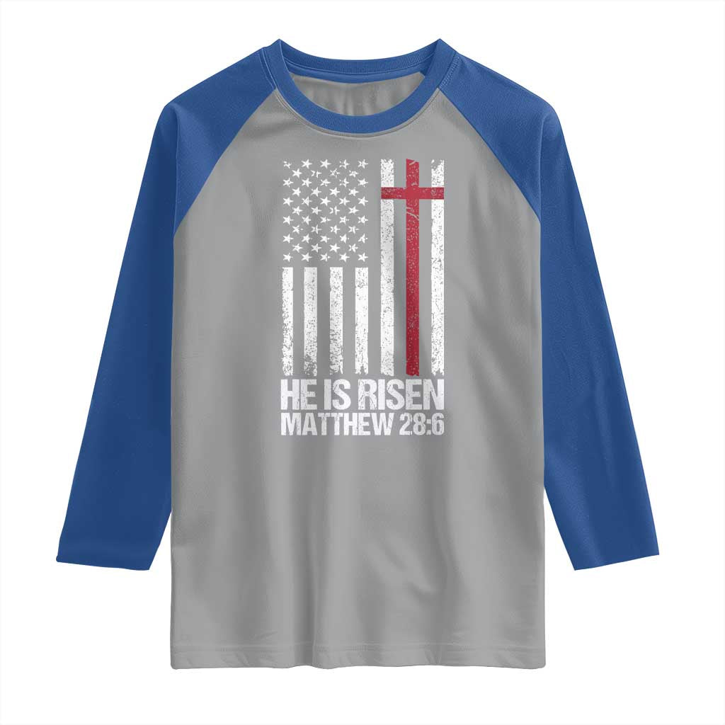 He Is Rise Raglan Shirt Christian American Flag Easter Bible Verse