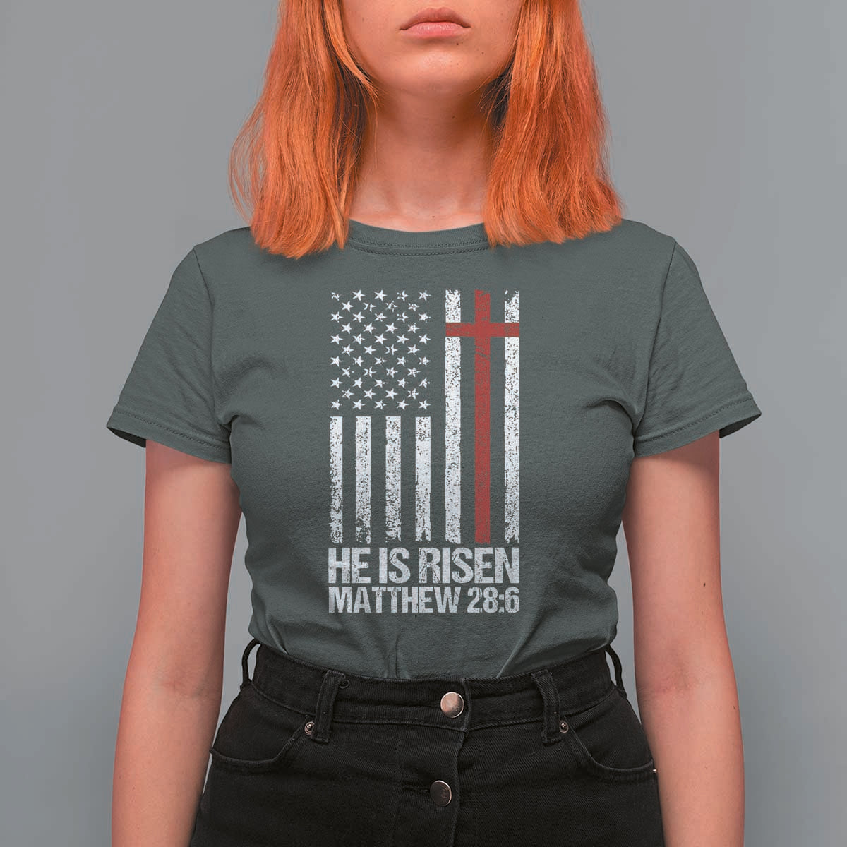 He Is Rise T Shirt For Women Christian American Flag Easter Bible Verse