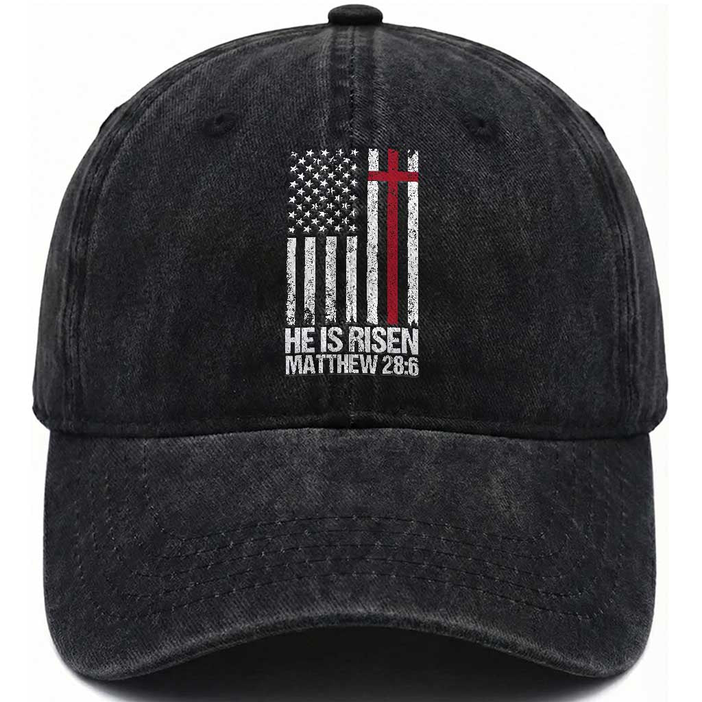 He Is Rise Washed Cotton Baseball Cap Christian American Flag Easter Bible Verse