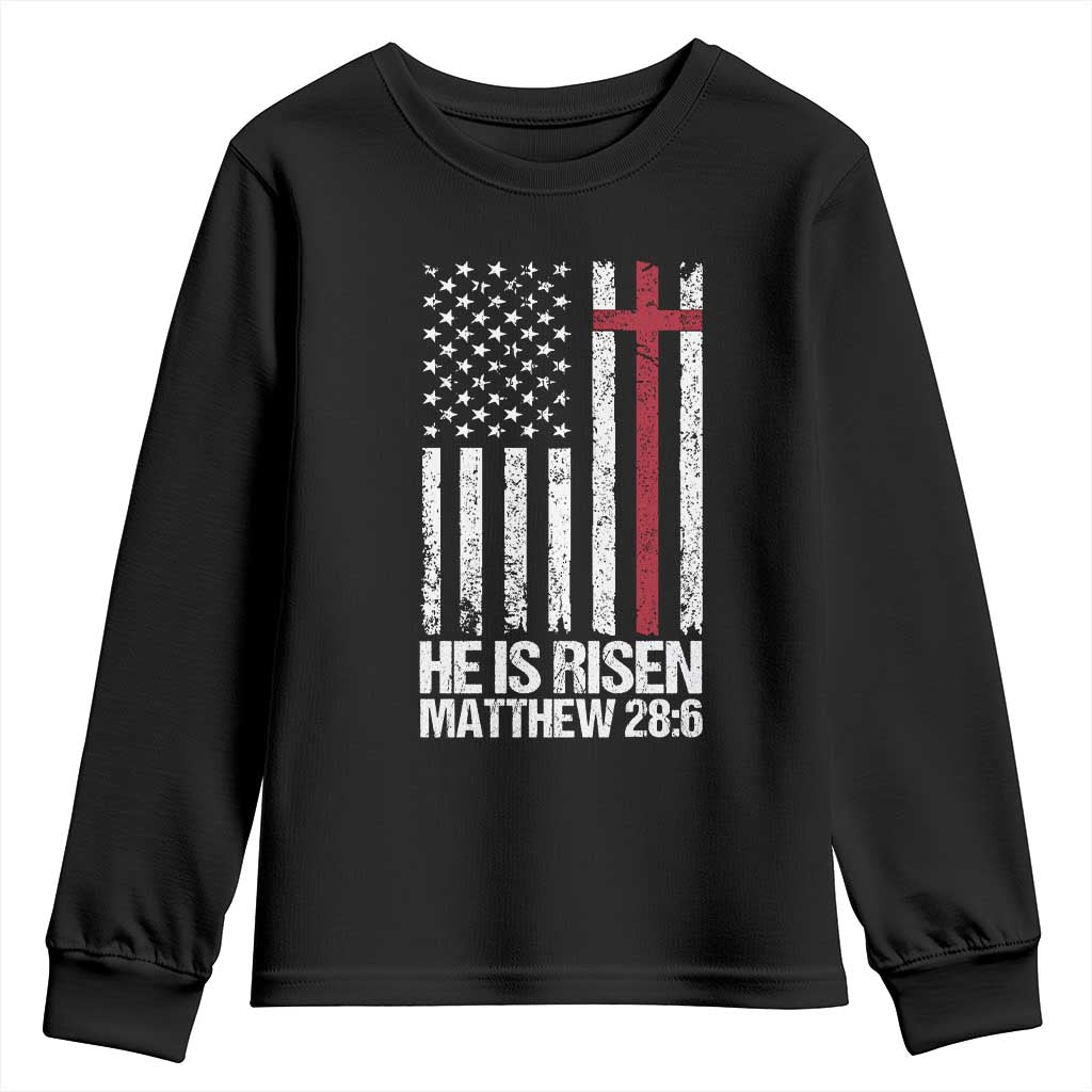 He Is Rise Youth Sweatshirt Christian American Flag Easter Bible Verse