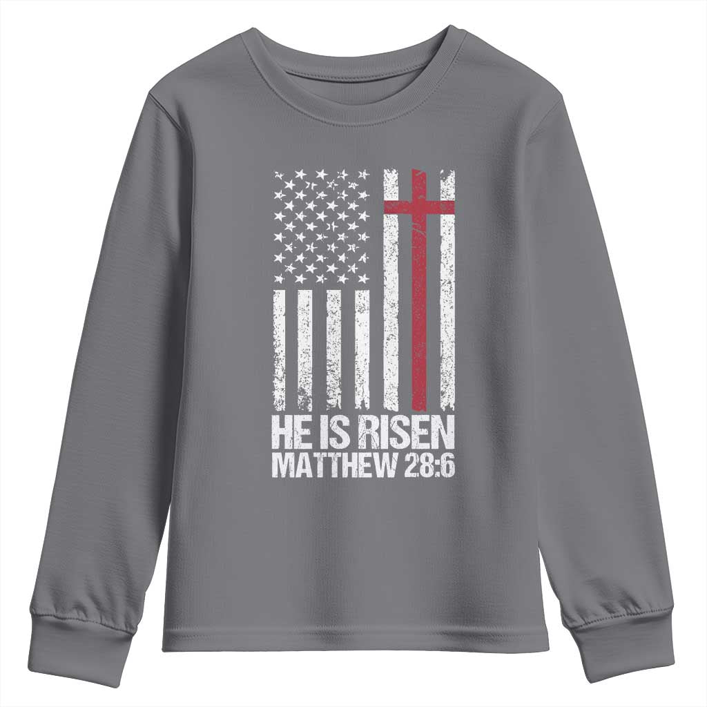 He Is Rise Youth Sweatshirt Christian American Flag Easter Bible Verse