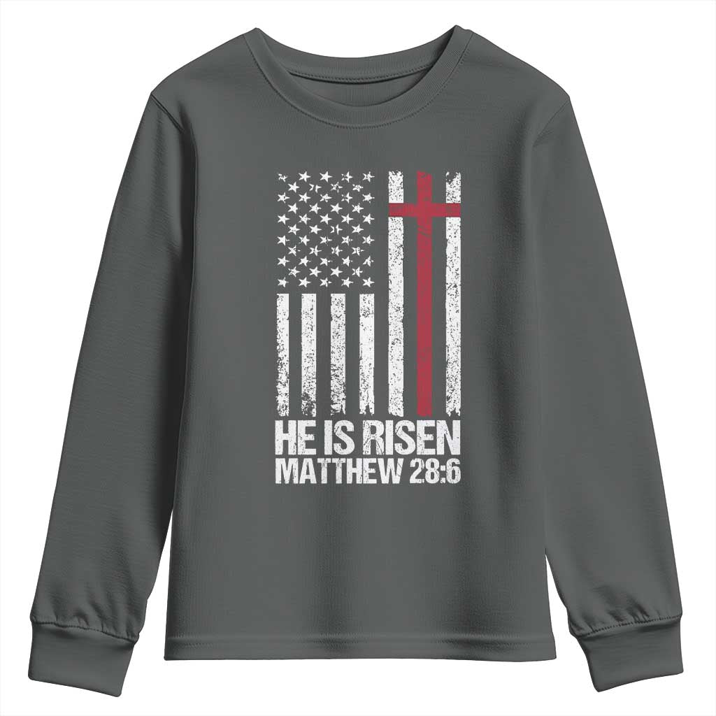 He Is Rise Youth Sweatshirt Christian American Flag Easter Bible Verse