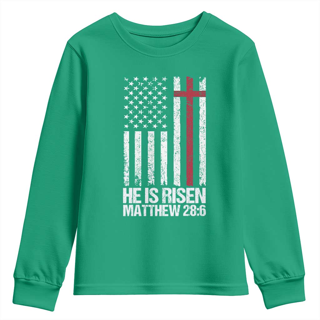 He Is Rise Youth Sweatshirt Christian American Flag Easter Bible Verse