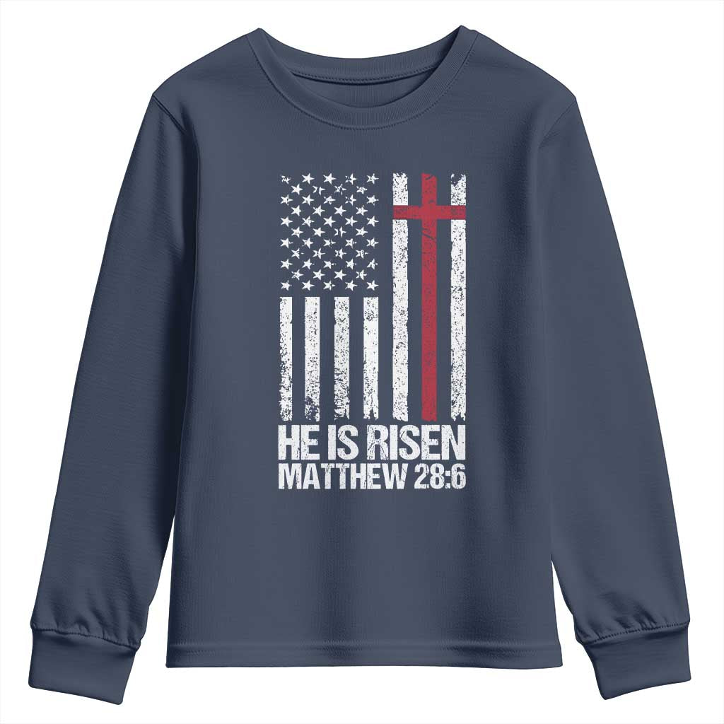 He Is Rise Youth Sweatshirt Christian American Flag Easter Bible Verse