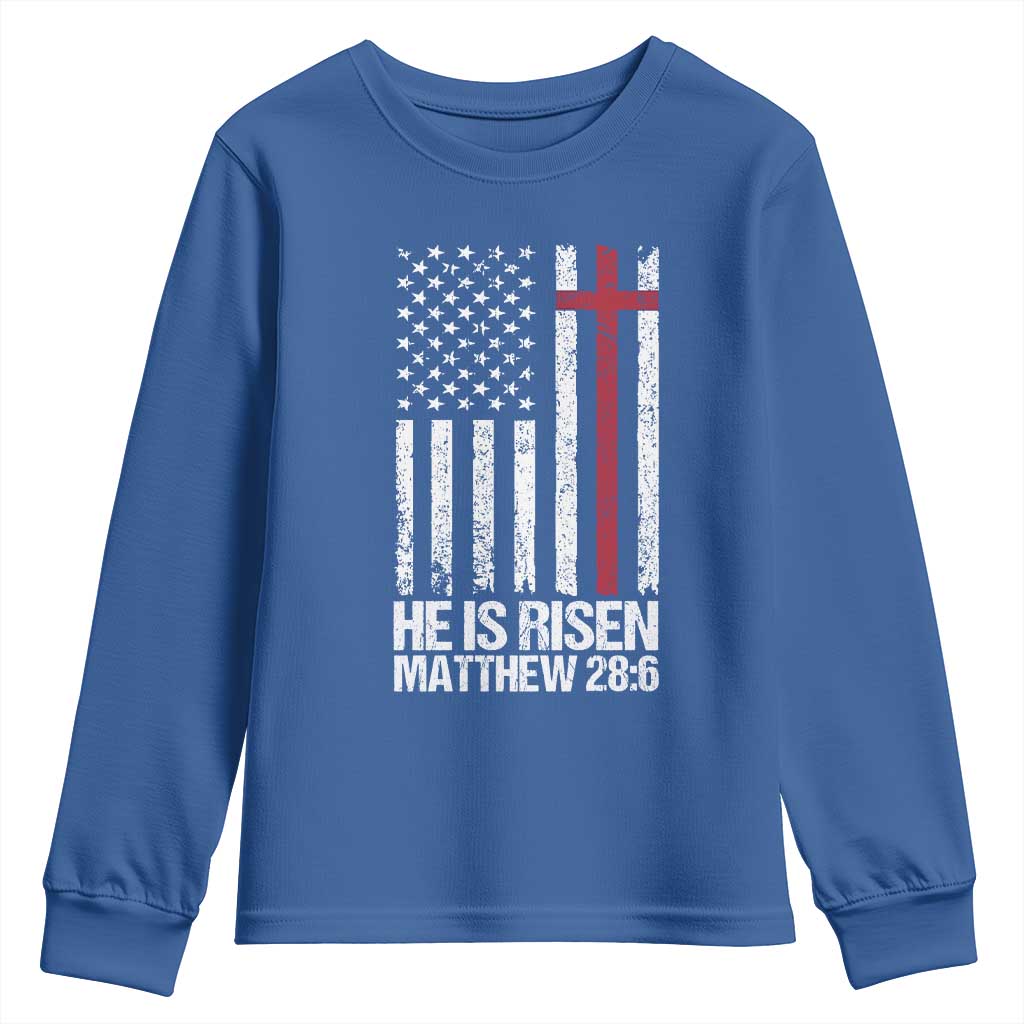 He Is Rise Youth Sweatshirt Christian American Flag Easter Bible Verse
