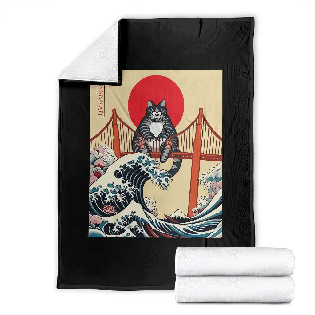 San Francisco Cat Throw Blanket Vintage Japanese Anime Kawaii Cat Sunset