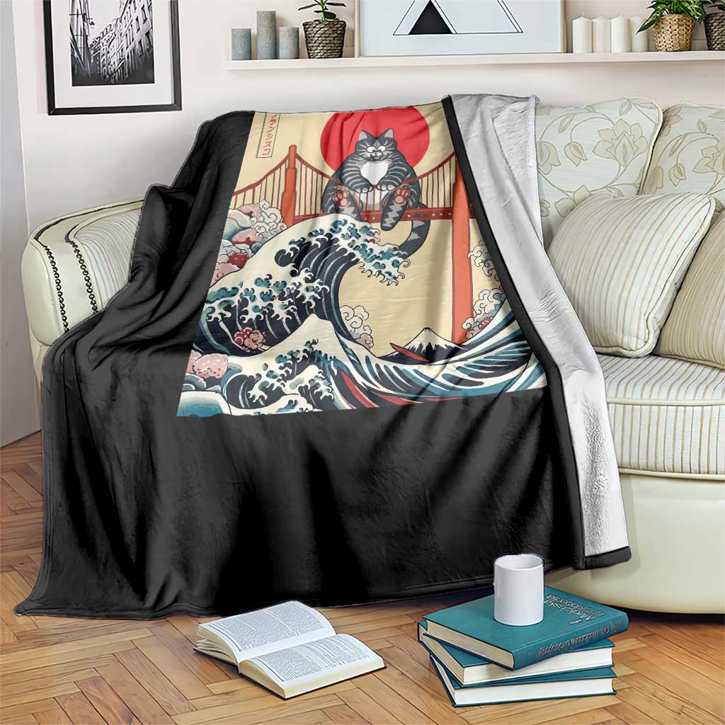 San Francisco Cat Throw Blanket Vintage Japanese Anime Kawaii Cat Sunset