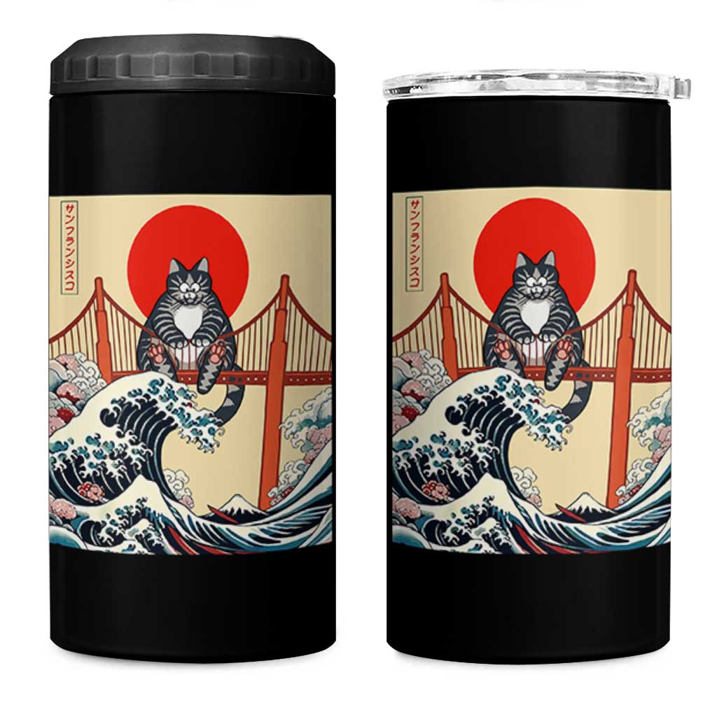 San Francisco Cat 4 in 1 Can Cooler Tumbler Vintage Japanese Anime Kawaii Cat Sunset