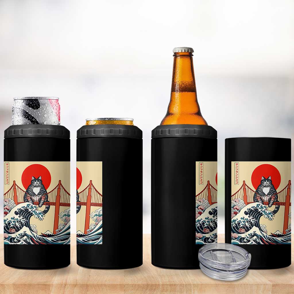 San Francisco Cat 4 in 1 Can Cooler Tumbler Vintage Japanese Anime Kawaii Cat Sunset