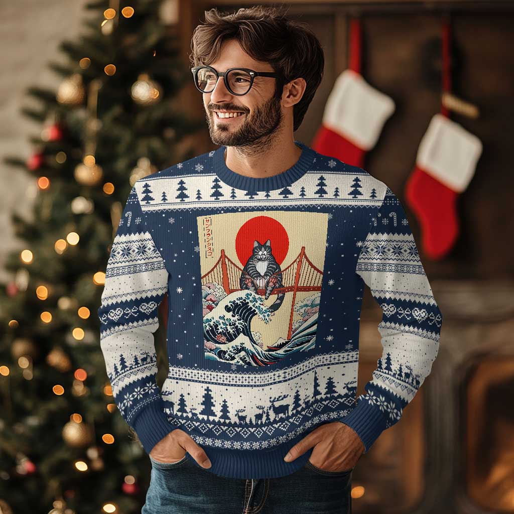 San Francisco Cat Ugly Christmas Sweater Vintage Japanese Anime Kawaii Cat Sunset