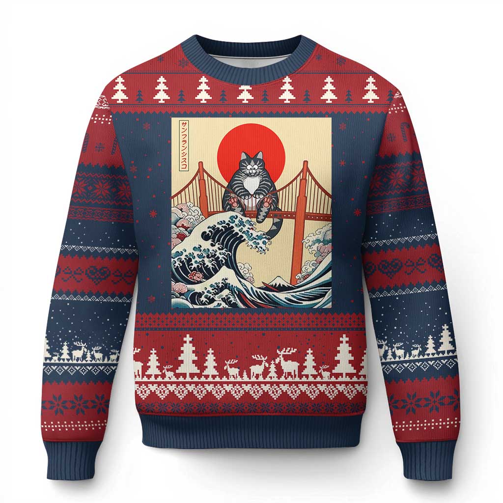 San Francisco Cat Ugly Christmas Sweater Vintage Japanese Anime Kawaii Cat Sunset