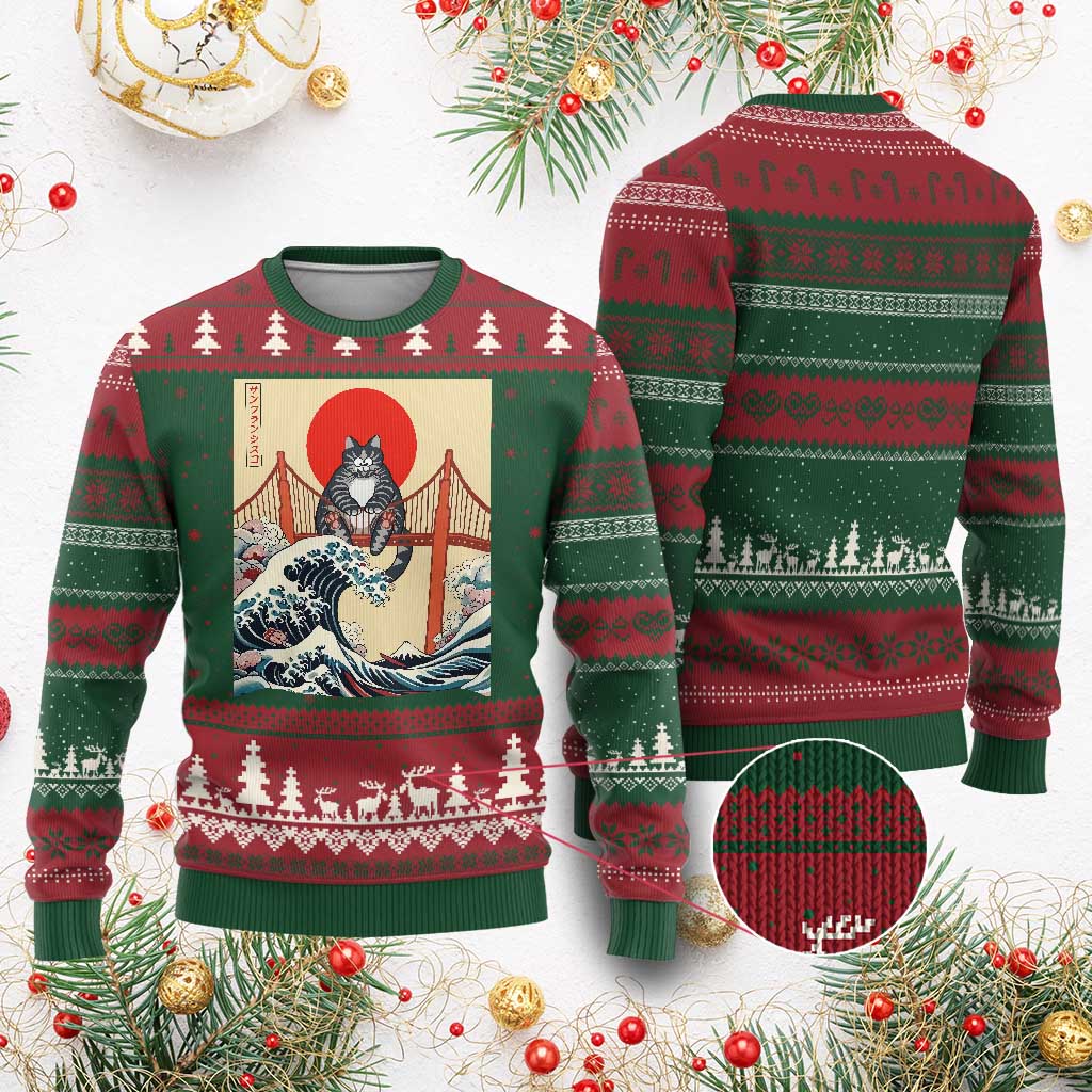 San Francisco Cat Ugly Christmas Sweater Vintage Japanese Anime Kawaii Cat Sunset