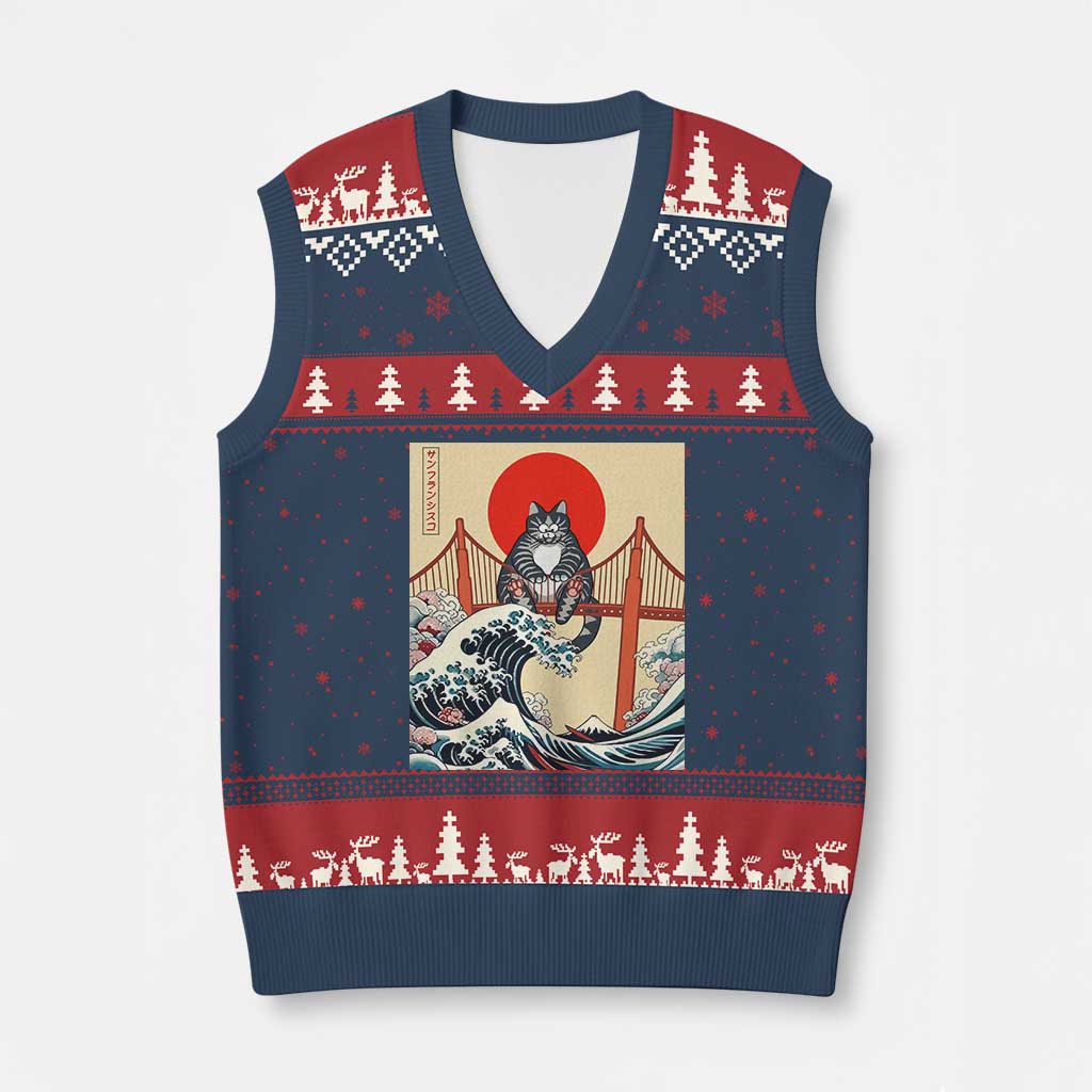 San Francisco Cat V-Neck Knit Sweater Vest Vintage Japanese Anime Kawaii Cat Sunset