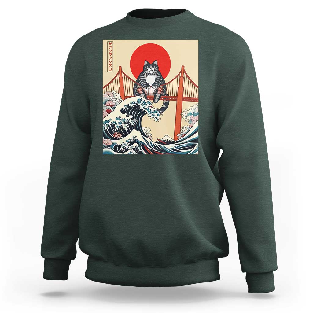 San Francisco Cat Sweatshirt Vintage Japanese Anime Kawaii Cat Sunset
