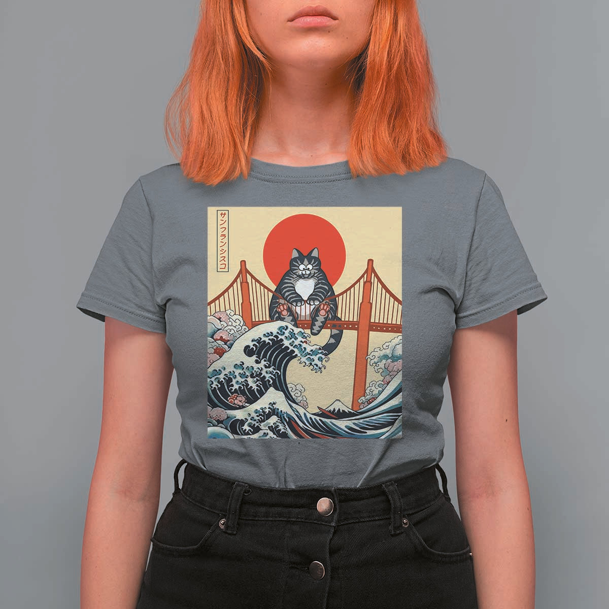 San Francisco Cat T Shirt For Women Vintage Japanese Anime Kawaii Cat Sunset