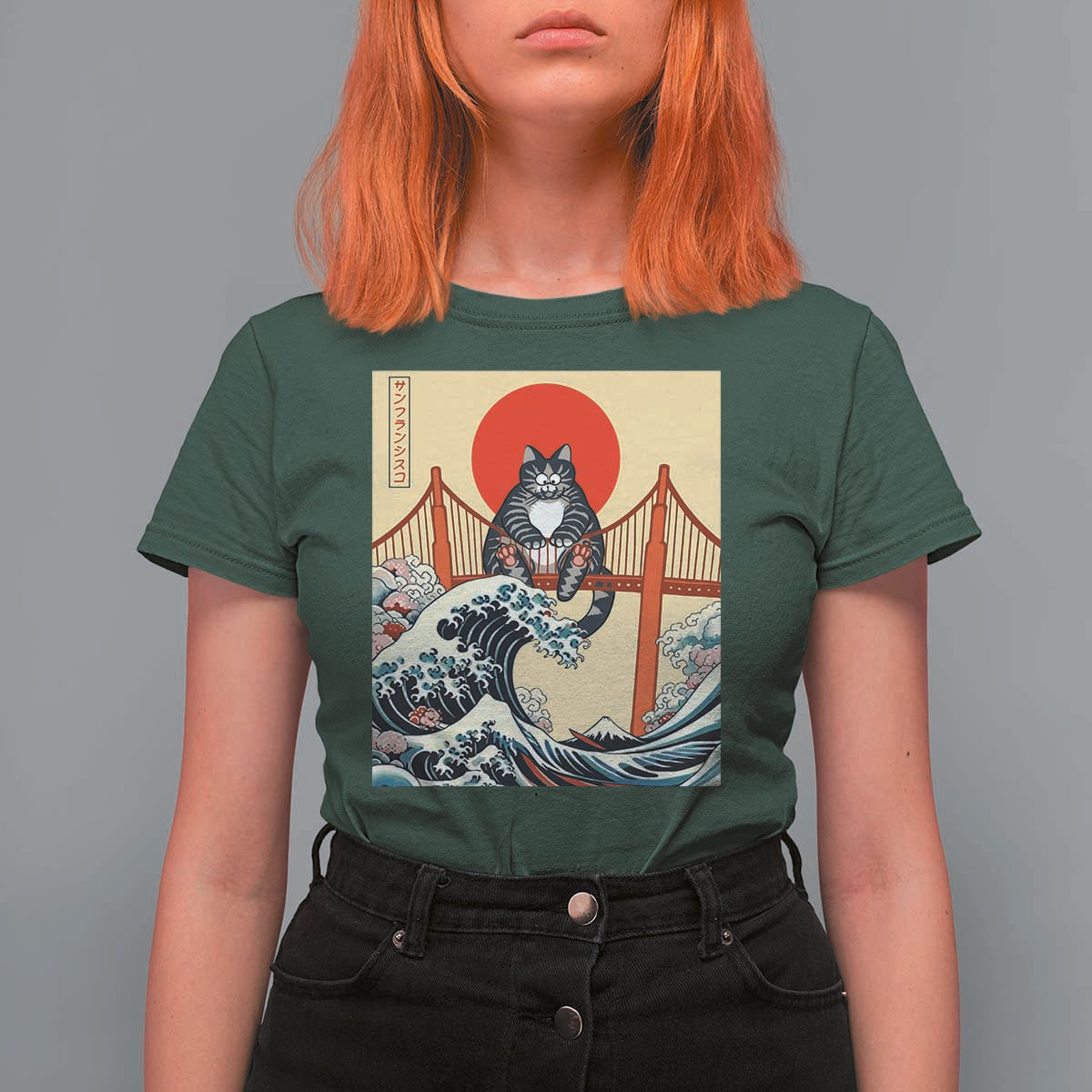 San Francisco Cat T Shirt For Women Vintage Japanese Anime Kawaii Cat Sunset